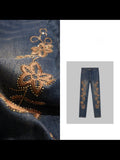 Flower Embroidery Hot Diamond High-End Slim Jeans