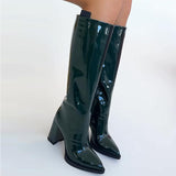 Dark Green Patent Leather Women's Knee Boots