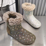 Rhinestone Lambswool Flat Ankle Boots