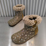 Rhinestone Lambswool Flat Ankle Boots