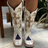 White Vintage Embroidered V Knight Boots