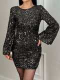 Gold Shoulder Padded Backless Tied Lined Sequined Dress