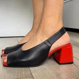Leather Block Heel Elastic Strap Sandals