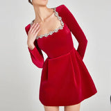 Velvet Slim Fit Diamond Long Sleeve Gown Dress