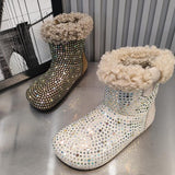 Rhinestone Lambswool Flat Ankle Boots