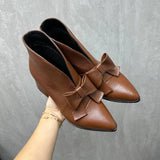 Pointed Toe Bow Chunky Heel Leather Ankle Boots