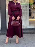 Women's Satin Neck Detail Long Sleeve Dress