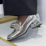 Vintage Textured Leather Rhinestone Chunky Heel Loafers