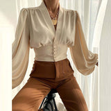 Autumn Elegant V Neck Puffed Long Sleeve Button Shirt