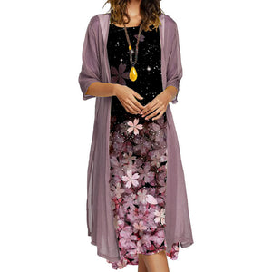 Two Pieces Floral Print Round Collar Chiffon Set
