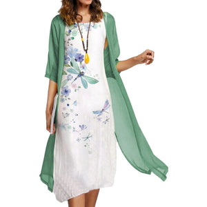 Two Pieces Floral Print Round Collar Chiffon Set