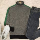 Black and White Chevron Print Green Stripe Turtleneck Sweater