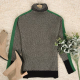 Black and White Chevron Print Green Stripe Turtleneck Sweater