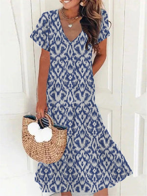 Blue V-neck Short Sleeve Printed Dress