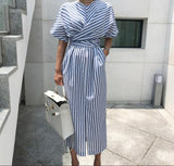 Temperament Striped Short Sleeve Midi Dress