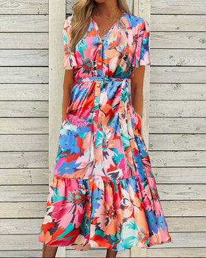 Large Floral Button Through Tiered Dress