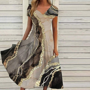 Elegant Short Sleeve Print Midi Dress