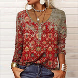 Round Neck Red Floral Print Long Sleeves