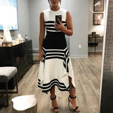 Striped Black White Color Block Asymmetrical High Neck Dress