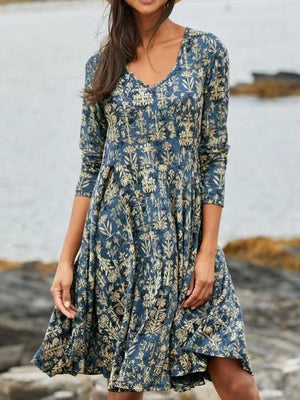 Floral V-Neckline Long Sleeve Knee-Length A-line Dress