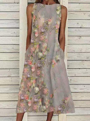 Floral Printed Sleeveless O-neck Dress