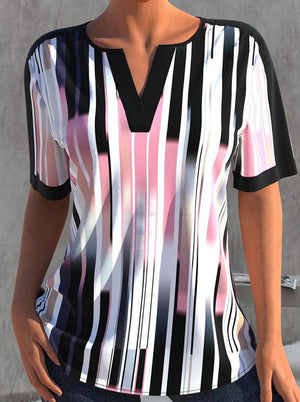 Sporty Pink and White Stripe Black Trim Short Sleeve Top