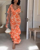 Ruffle Orange Floral Jacquard Maxi Dress